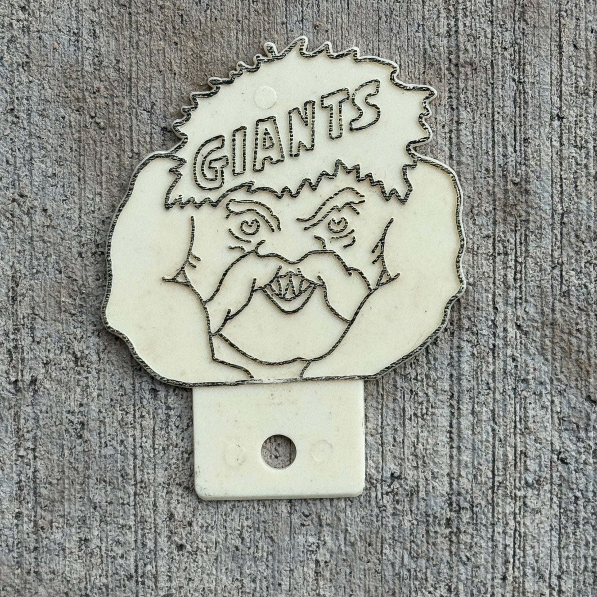 Photo of a 1960 Era Giants New York License Plate Topper Auto Tag Garage Decor Vintage MLB Baseball McDonald Mfg Co with original patina