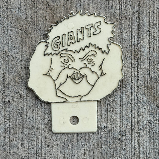 Photo of a 1960 Era Giants New York License Plate Topper Auto Tag Garage Decor Vintage MLB Baseball McDonald Mfg Co with original patina