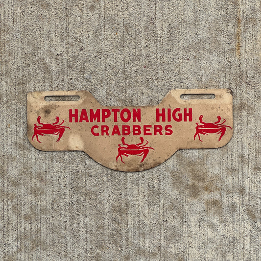 Photo of a 1960 Era Hampton High Crabbers Virginia License Plate Topper Auto Tag Garage Decor Vintage Crab Graphics High School with original patina