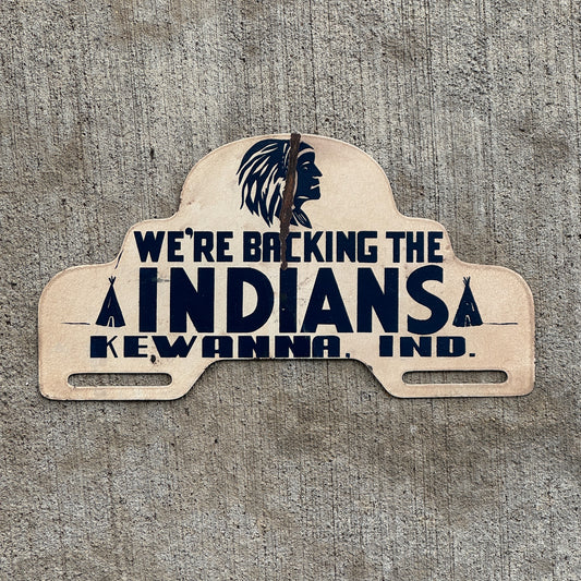 Photo of a 1960 Era Kewanna Indians Indiana License Plate Topper Auto Tag Garage Decor Vintage High School Native American Graphic with original patina