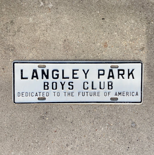 Photo of a 1960 Era Langley Park Maryland License Plate Topper Auto Tag Garage Decor Vintage Boys Club Near Washington DC with original patina