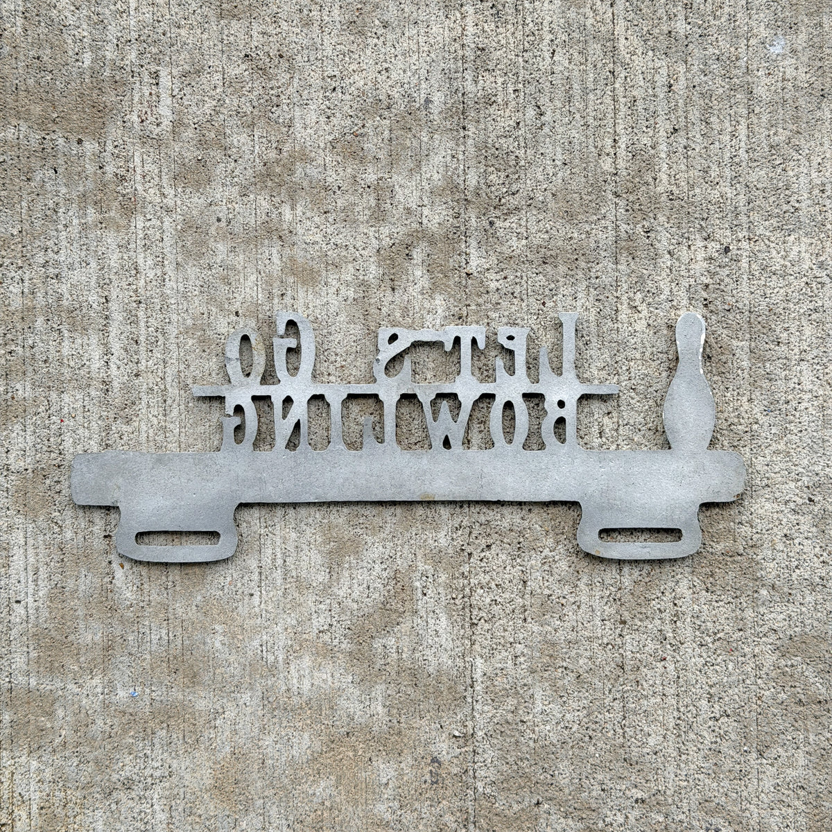 Photo of a 1960 Era Let's Go Bowling Franklin Lanes Evansville Indiana License Plate Topper Auto Tag Garage Decor Vintage Cast Aluminum Original with original patina