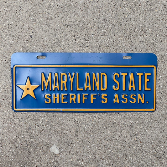 Photo of a 1960 Era Maryland Sheriff's Association Maryland License Plate Topper Auto Tag Garage Decor Vintage Police Cop Squad with original patina