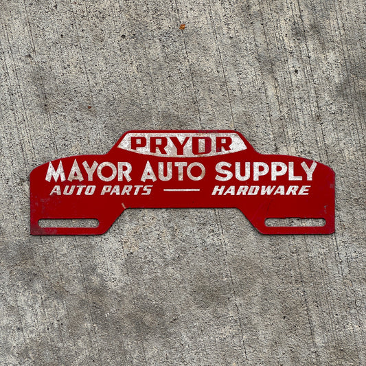 Photo of a 1960 Era Mayor Auto Supply Pryor Oklahoma License Plate Topper Auto Tag Garage Decor Vintage Smaltz Reflective Paint with original patina