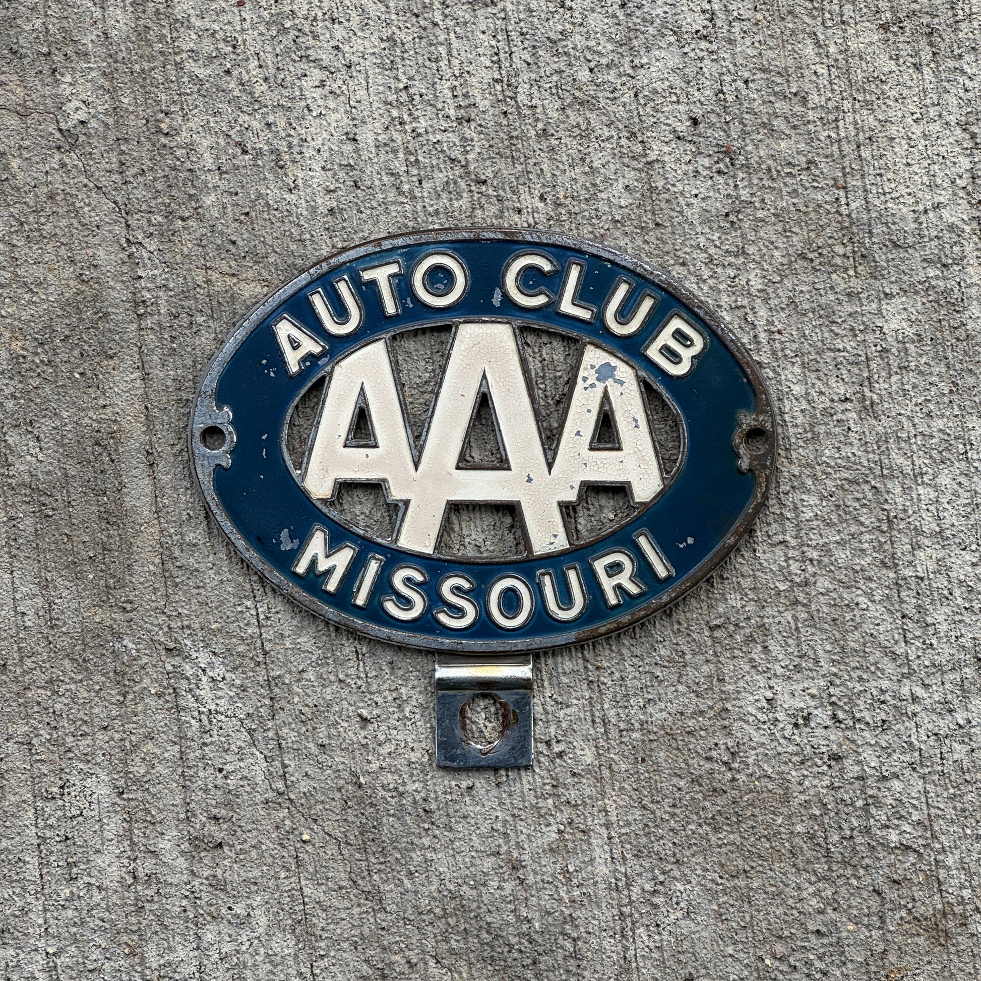 Photo of a 1960 Era Missouri License Plate Topper Auto Tag Garage Decor Vintage AAA Auto Club with original patina