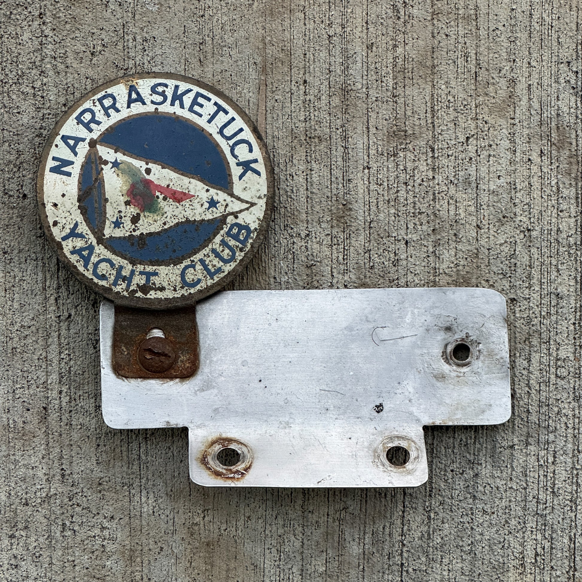 Photo of a 1960 Era Narrasketuck Yacht Club Long Island New York License Plate Topper Auto Tag Garage Decor Vintage with original patina