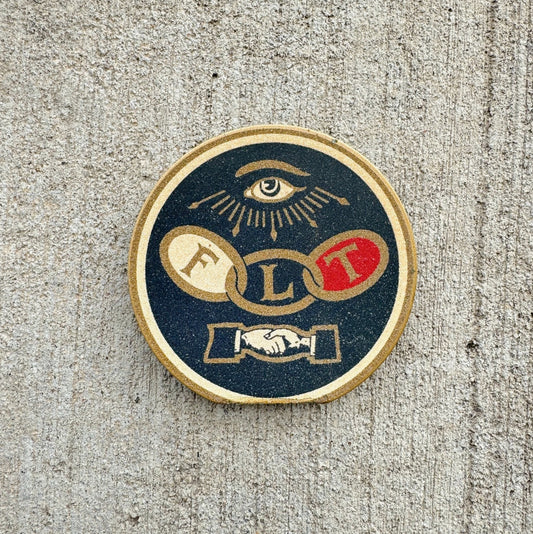 Photo of a 1960 Era Odd Fellows License Plate Topper Auto Tag Garage Decor Vintage Stenpho Company Auto Glo Smaltz Paint with original patina