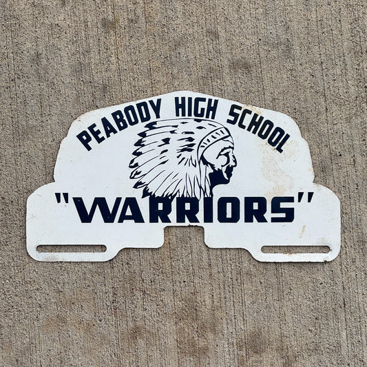 Photo of a 1960 Era Peabody High School Warriors Kansas License Plate Topper Auto Tag Garage Decor Vintage Native American Indian Graphic with original patina