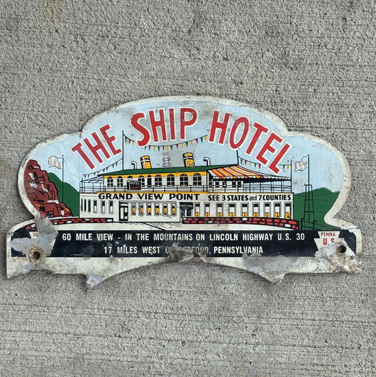 Photo of a 1960 Era Pennsylvania Pennsylvania License Plate Topper Auto Tag Garage Decor Vintage Grand View Point Hotel Ship Route 30 with original patina