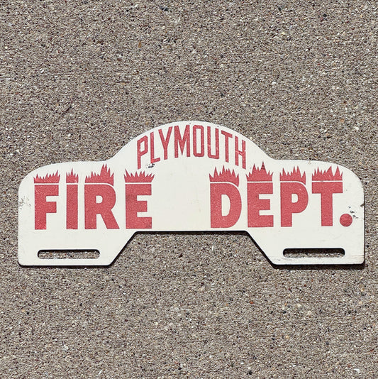Photo of a 1960 Era Plymouth Massachusetts License Plate Topper Auto Tag Garage Decor Vintage Fire Department Fireman with original patina
