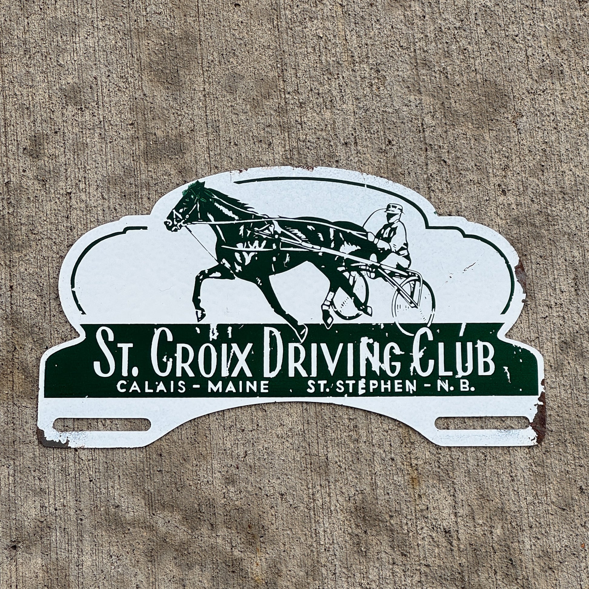 Photo of a 1960 Era St Croix Driving Club Calais Maine License Plate Topper Auto Tag Garage Decor Vintage Horse with original patina