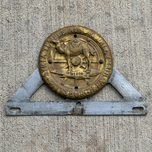 Photo of a 1960 Era Syria Temple Auto Club Pittsburgh Pennsylvania License Plate Topper Auto Tag Garage Decor Vintage Shriners R 1322 with original patina