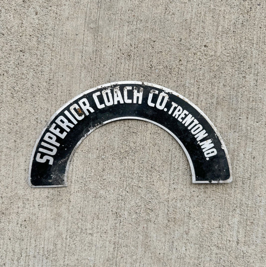 Photo of a 1960 Era Trenton Missouri License Plate Topper Auto Tag Garage Decor Vintage Superior Coach Co Bus with original patina