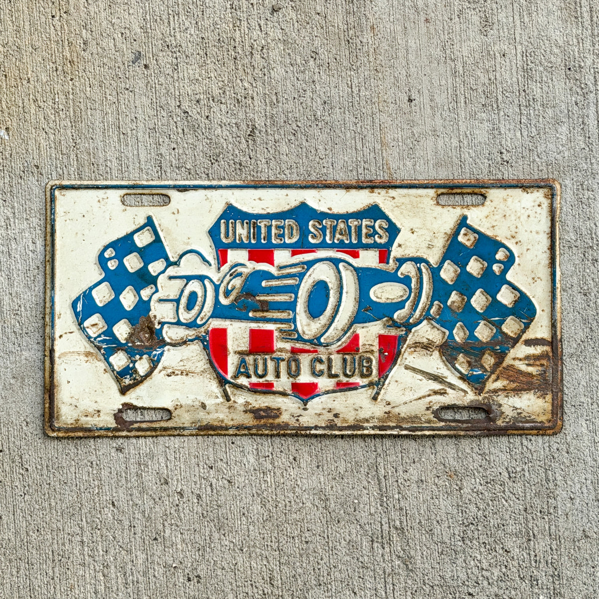 Photo of a 1960 Era United States Auto Club Auto Tag Garage Decor Vintage
 Race Car Graphic Racing Motorsport with original patina