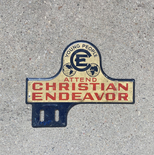 Photo of a 1960 Era Young People's Society of Christian Endeavour License Plate Topper Auto Tag Garage Decor Vintage Jesus with original patina