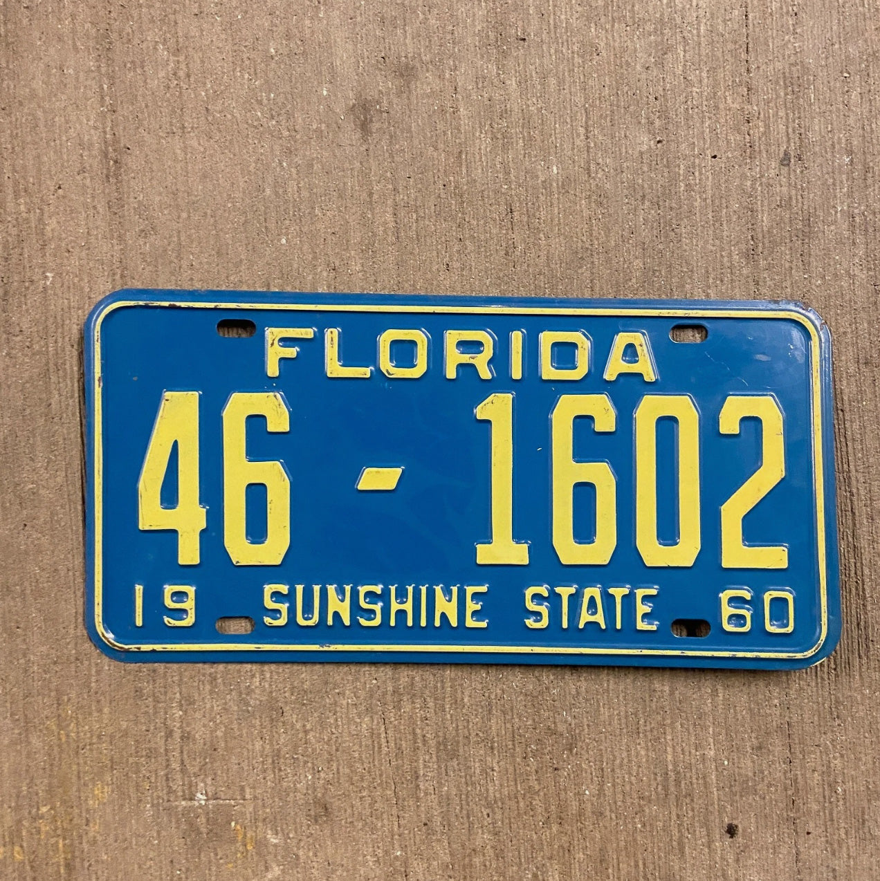 Photo of a 1960 Florida License Plate Auto Tag Garage Decor Vintage 46 1602 with original patina