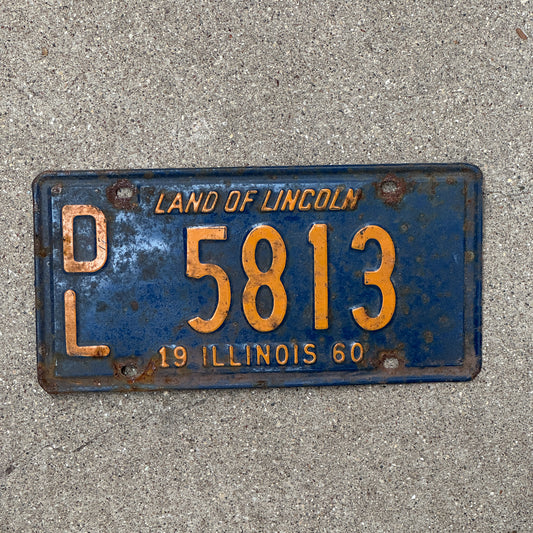 Photo of a 1960 Illinois Dealer License Plate Auto Tag 1 Vintage Garage Orange Blue 5813 with original patina