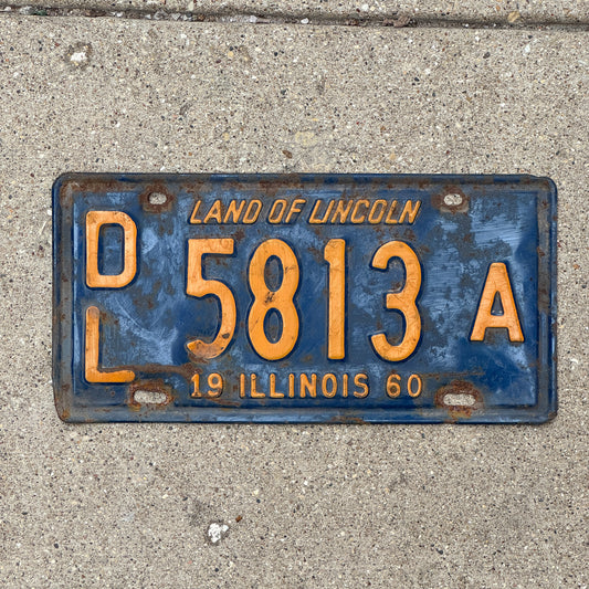 Photo of a 1960 Illinois Dealer License Plate Auto Tag 2 Vintage Garage Orange Blue 5813 A with original patina