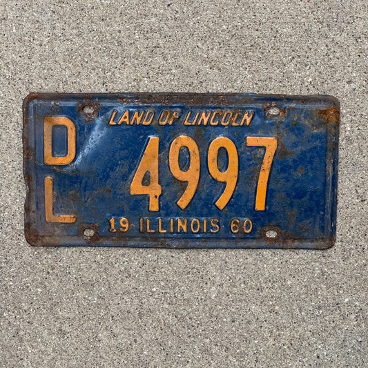 Photo of a 1960 Illinois Dealer License Plate Auto Tag Garage Decor Vintage Orange Blue 4997 with original patina