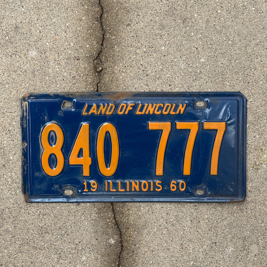 Photo of a 1960 Illinois License Plate Auto Tag 1 Vintage Garage Lucky 7s Repeat Repeating Orange Blue 840 777 with original patina