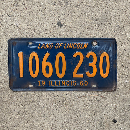 Photo of a 1960 Illinois License Plate Auto Tag 1 Vintage Garage Orange Blue 1 060 230 with original patina