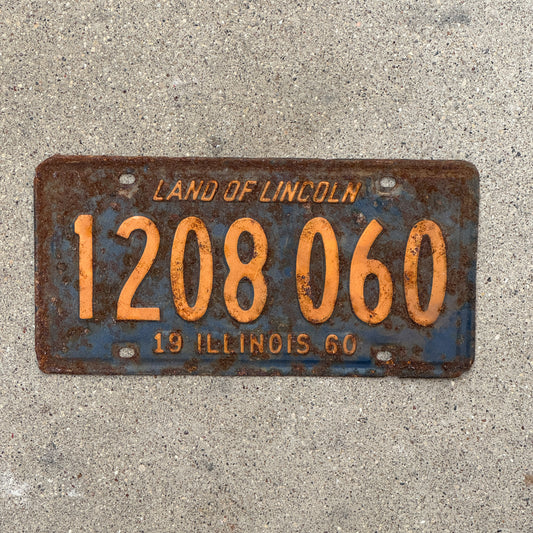 Photo of a 1960 Illinois License Plate Auto Tag 1 Vintage Garage Orange Blue 1 208 060 with original patina