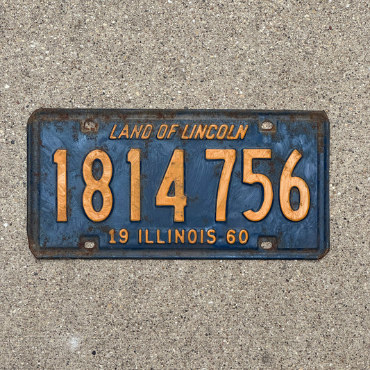 Photo of a 1960 Illinois License Plate Auto Tag 1 Vintage Garage Orange Blue 1 814 756 with original patina