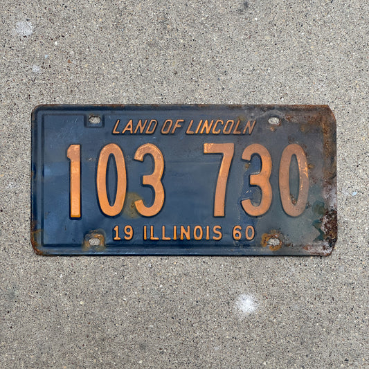 Photo of a 1960 Illinois License Plate Auto Tag 1 Vintage Garage Orange Blue 103 730 with original patina
