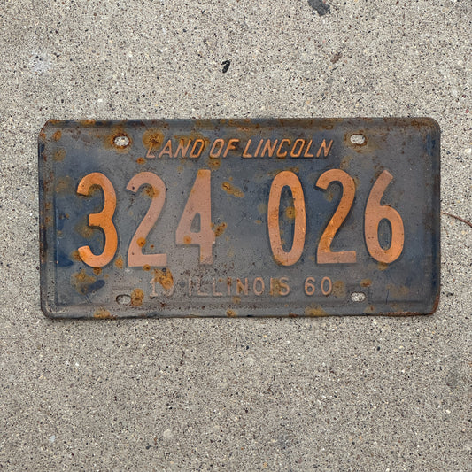 Photo of a 1960 Illinois License Plate Auto Tag 1 Vintage Garage Orange Blue 324 026 with original patina