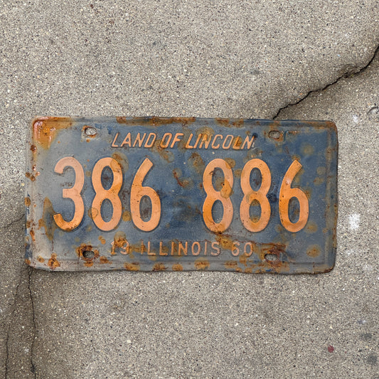 Photo of a 1960 Illinois License Plate Auto Tag 1 Vintage Garage Orange Blue 386 886 with original patina