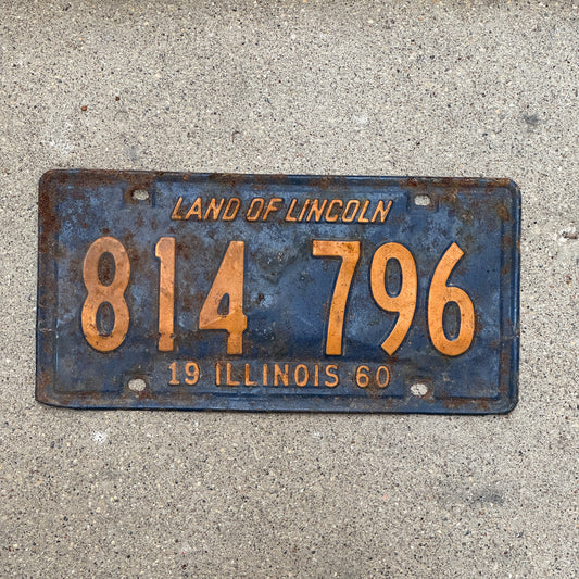 Photo of a 1960 Illinois License Plate Auto Tag 1 Vintage Garage Orange Blue 814 796 with original patina