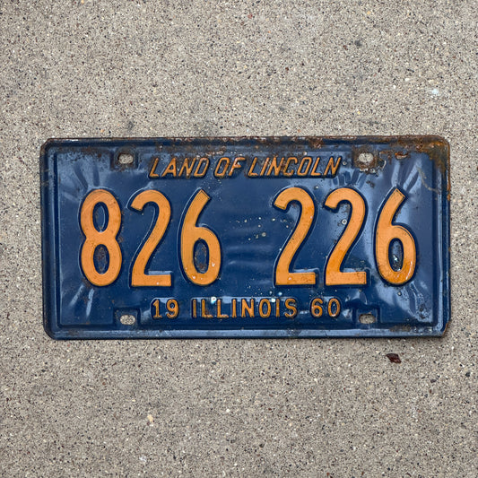 Photo of a 1960 Illinois License Plate Auto Tag 1 Vintage Garage Orange Blue 826 226 with original patina