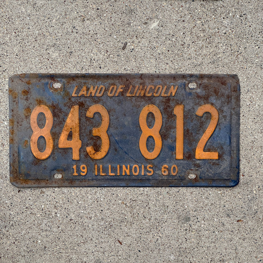 Photo of a 1960 Illinois License Plate Auto Tag 1 Vintage Garage Orange Blue 843 812 with original patina