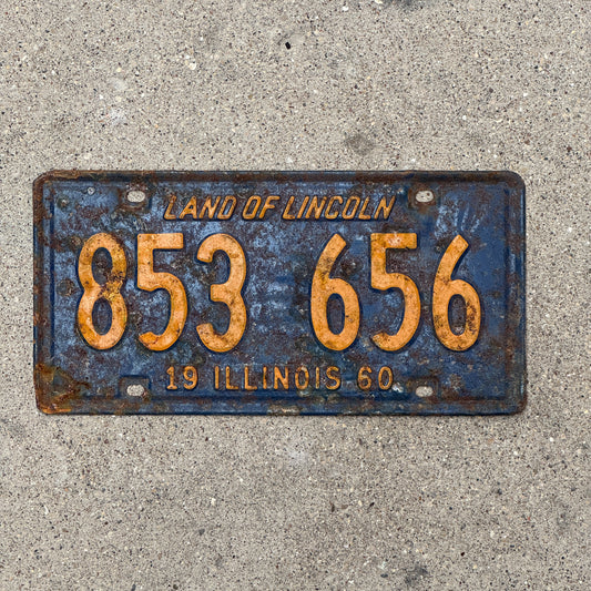 Photo of a 1960 Illinois License Plate Auto Tag 1 Vintage Garage Orange Blue 853 656 with original patina