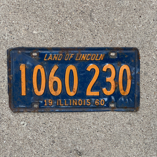 Photo of a 1960 Illinois License Plate Auto Tag 2 Vintage Garage Orange Blue 1 060 230 with original patina