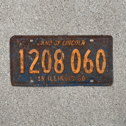 Photo of a 1960 Illinois License Plate Auto Tag 2 Vintage Garage Orange Blue 1 208 060 with original patina