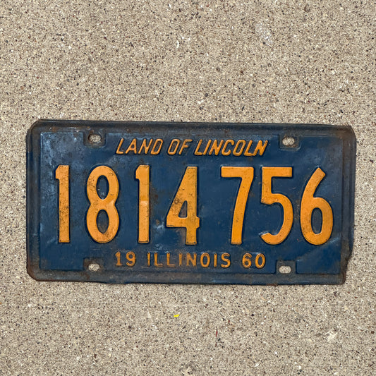 Photo of a 1960 Illinois License Plate Auto Tag 2 Vintage Garage Orange Blue 1 814 756 with original patina