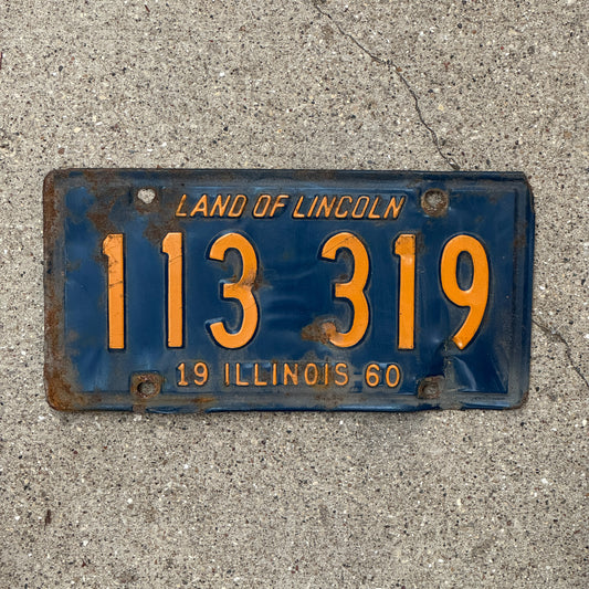 Photo of a 1960 Illinois License Plate Auto Tag 2 Vintage Garage Orange Blue 113 319 with original patina