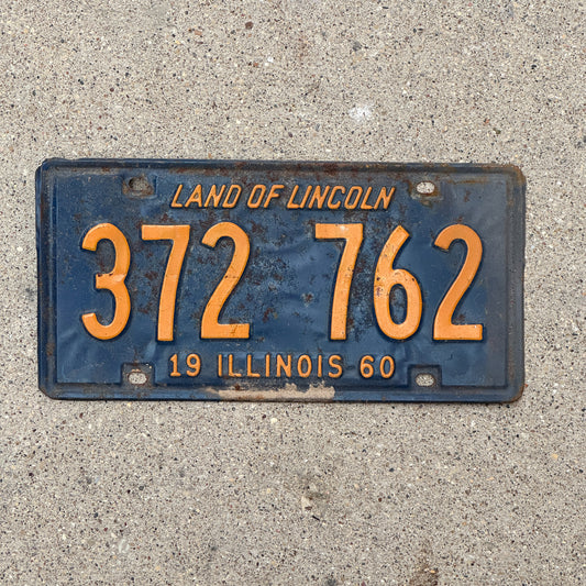 Photo of a 1960 Illinois License Plate Auto Tag 2 Vintage Garage Orange Blue 372 762 with original patina