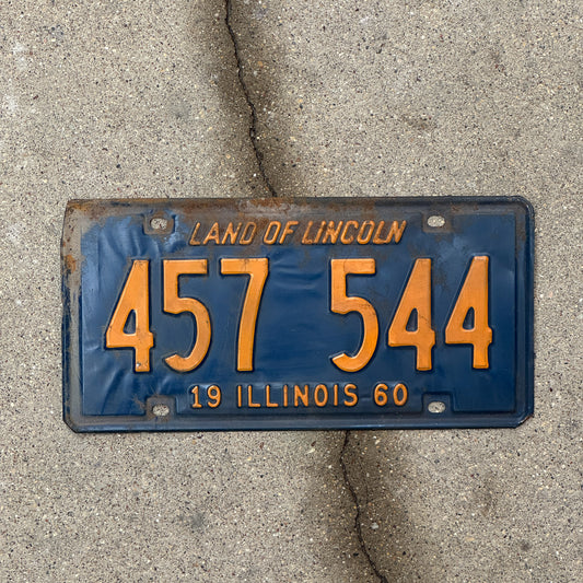 Photo of a 1960 Illinois License Plate Auto Tag 2 Vintage Garage Orange Blue 457 544 with original patina