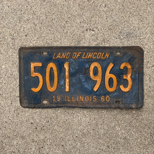 Photo of a 1960 Illinois License Plate Auto Tag 2 Vintage Garage Orange Blue 501 963 with original patina