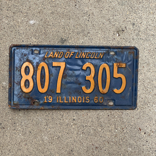 Photo of a 1960 Illinois License Plate Auto Tag 2 Vintage Garage Orange Blue 807 305 with original patina