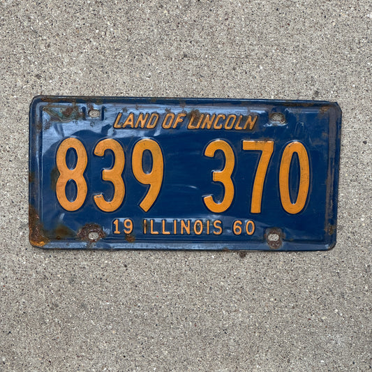 Photo of a 1960 Illinois License Plate Auto Tag 2 Vintage Garage Orange Blue 839 370 with original patina