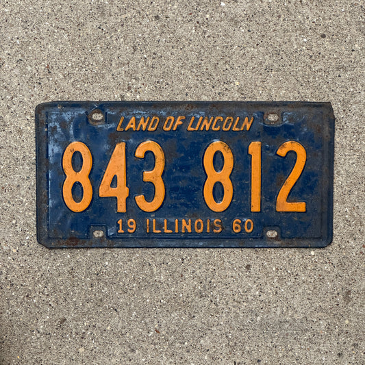 Photo of a 1960 Illinois License Plate Auto Tag 2 Vintage Garage Orange Blue 843 812 with original patina