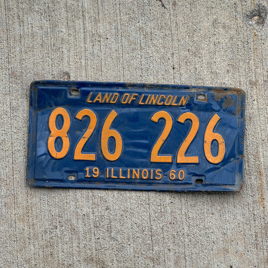 Photo of a 1960 Illinois License Plate Auto Tag 2 Vintage Garage Repeat Repeating Orange Blue 826 226 with original patina