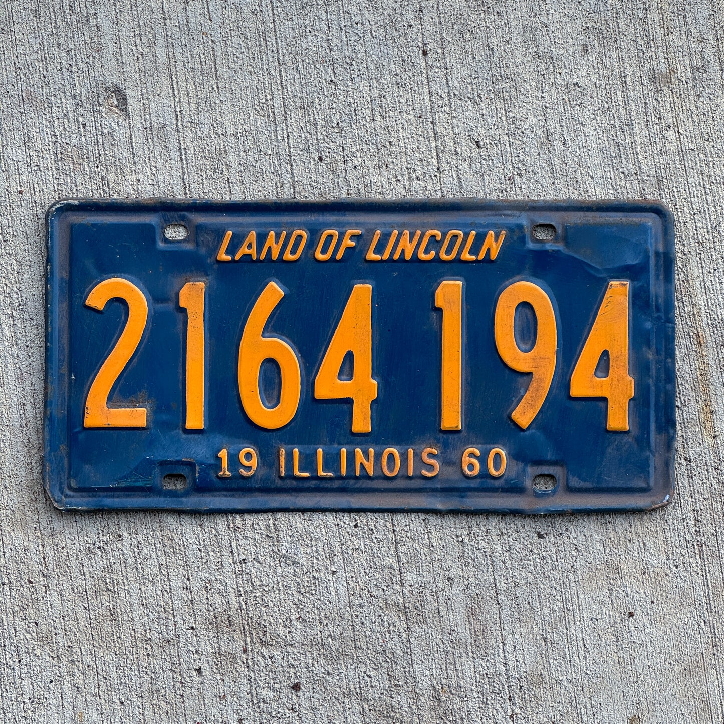 Photo of a 1960 Illinois License Plate Auto Tag Garage Decor Vintage 2 164 194 with original patina