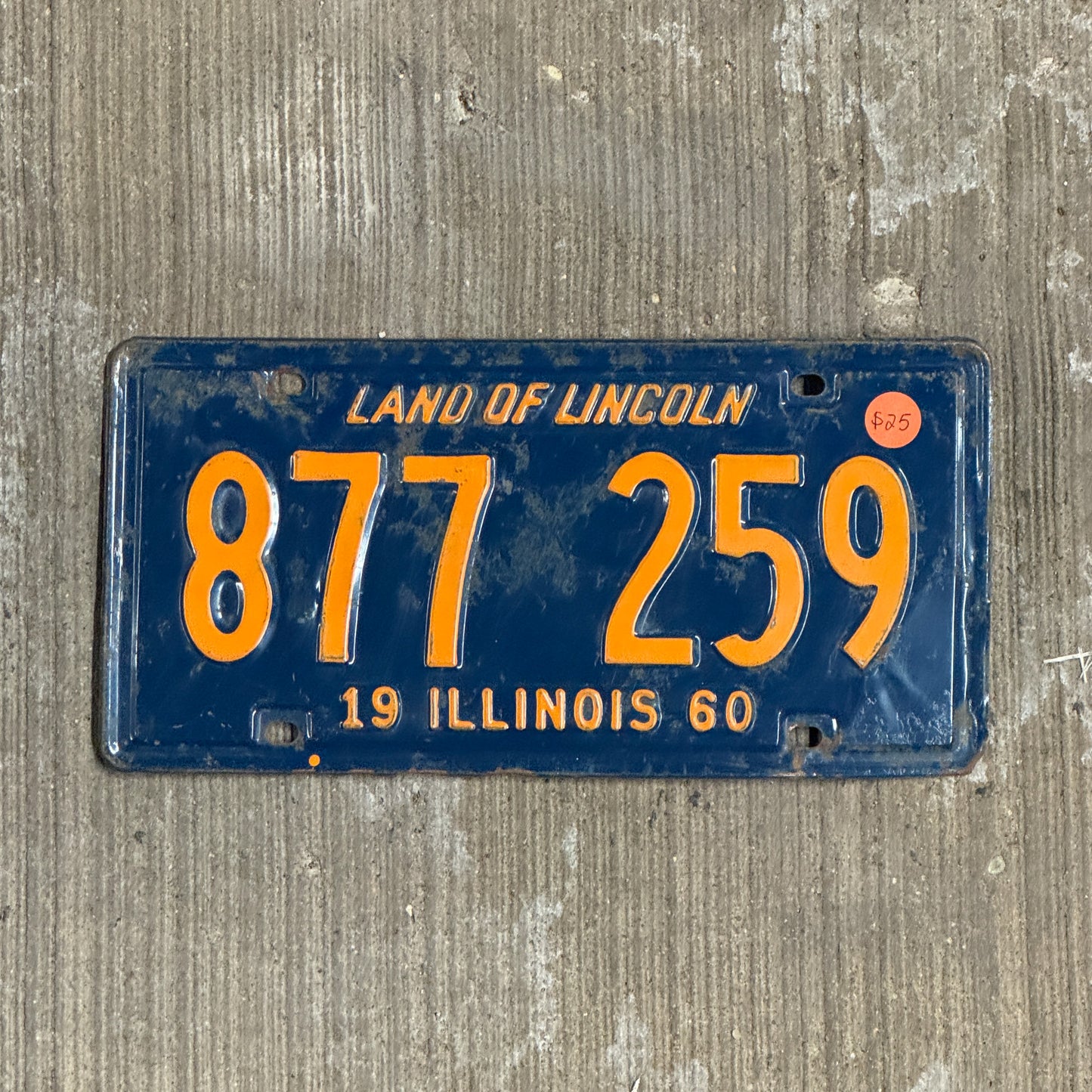Photo of a 1960 Illinois License Plate Auto Tag Garage Decor Vintage 877 259 with original patina