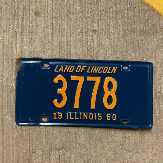 Photo of a 1960 Illinois License Plate Auto Tag Garage Decor Vintage Low Number Four Digit 3778 with original patina