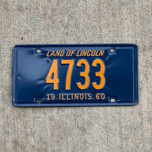 Photo of a 1960 Illinois License Plate Auto Tag Garage Decor Vintage Low Number Four Digit 4733 with original patina