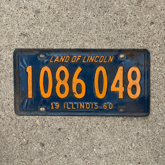 Photo of a 1960 Illinois License Plate Auto Tag Garage Decor Vintage Orange Blue 1 086 048 with original patina